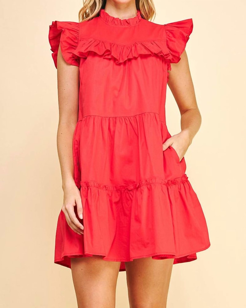 Front of a model wearing a size Large Ruffle Yoke Dress in Red in Red by PINCH. | dia_product_style_image_id:336006